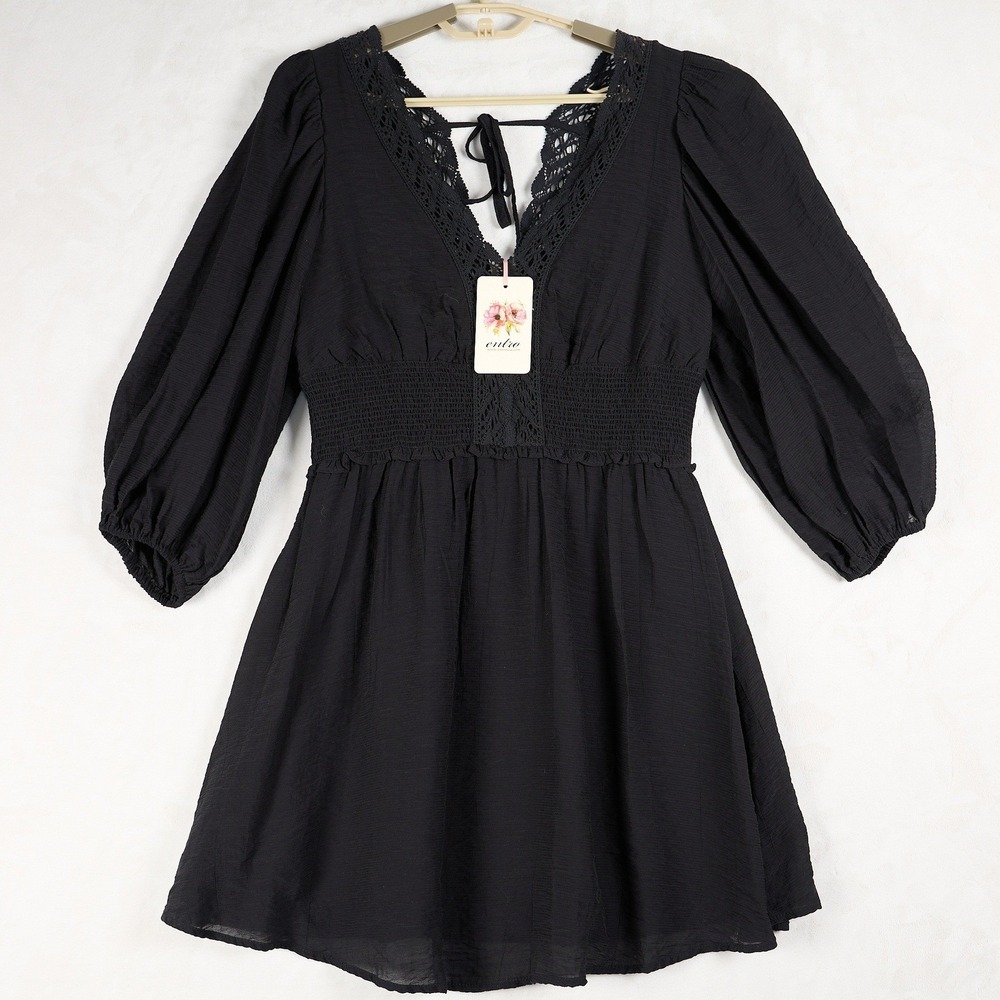 Entro Black‎ Crochet Lace Smocked Waist Balloon Sleeve Mini Dress Small NWT